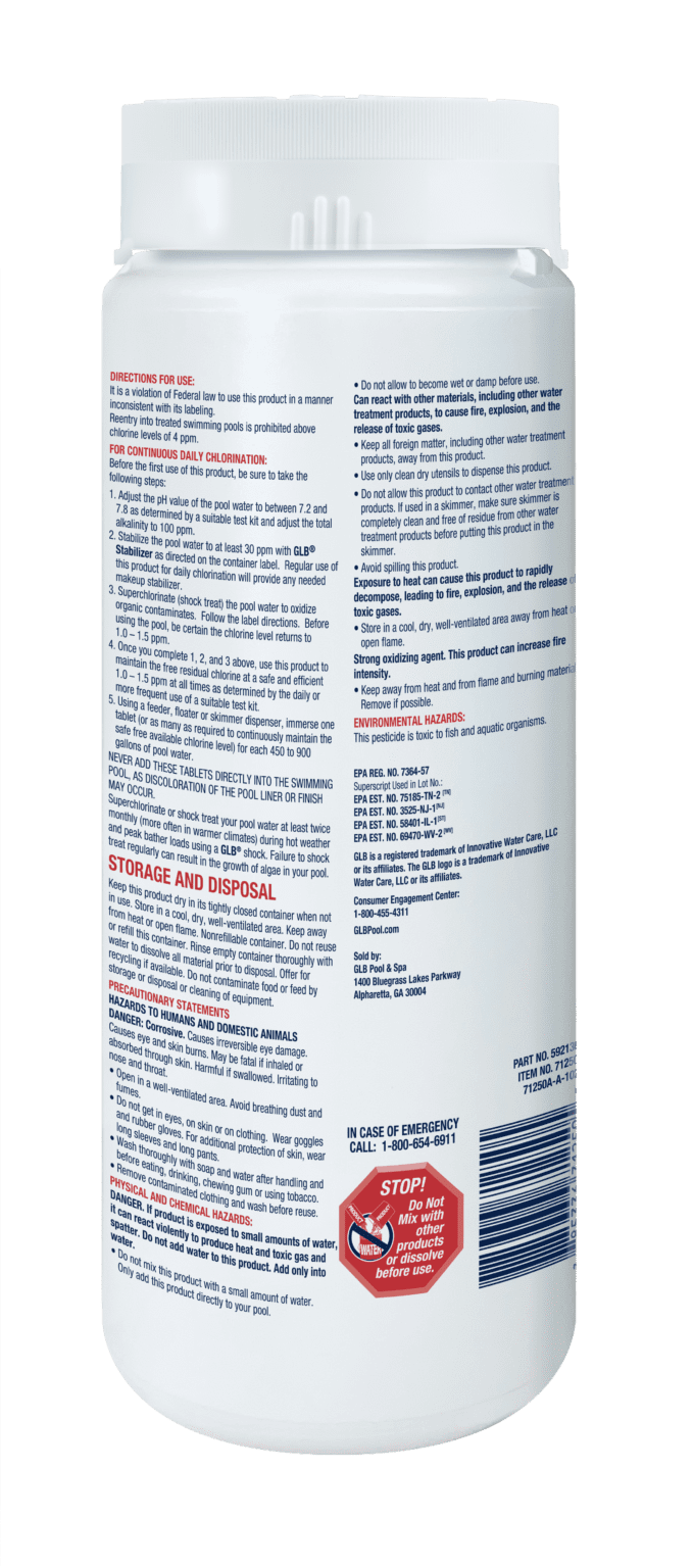 GLB Small 1" Chlorine Tablets, 2 lb Bottle | GL1TA2