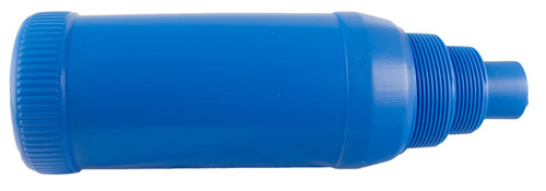 blue cylindrical plastic winterizing tube with threaded end for above-ground skimmer fitting