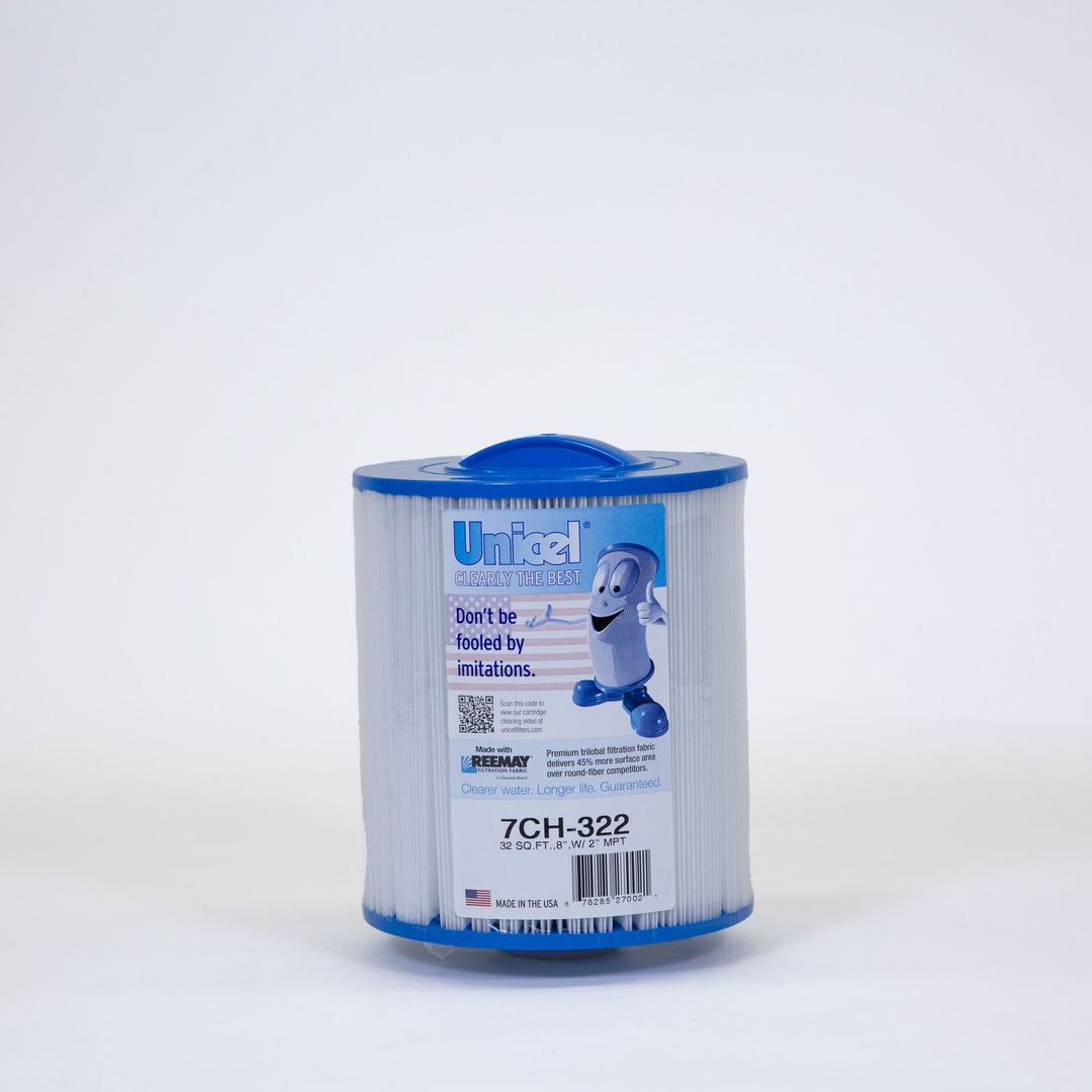 cylindrical pool or spa filter cartridge with blue plastic end caps and a label featuring a cartoon filter character and product details