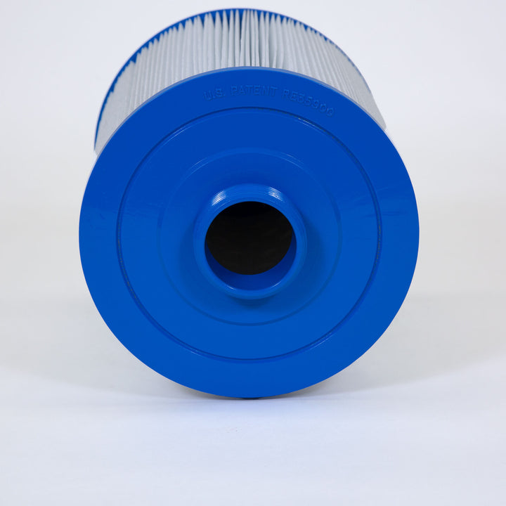 cylindrical pool or spa filter cartridge with white pleated material and blue plastic end cap shown from the side
