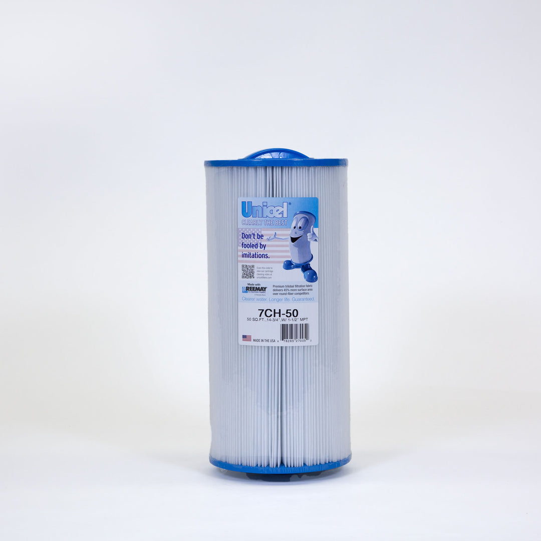 cylindrical pool or spa filter cartridge with blue caps and pleated white filtering material standing upright on a plain white background