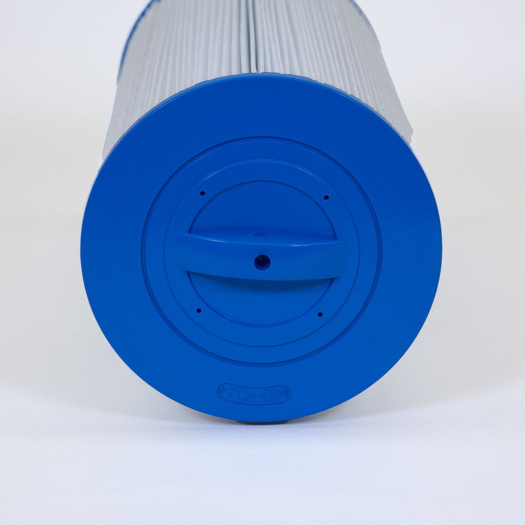 cylindrical pool or spa filter cartridge with blue plastic end caps and white pleated filter media