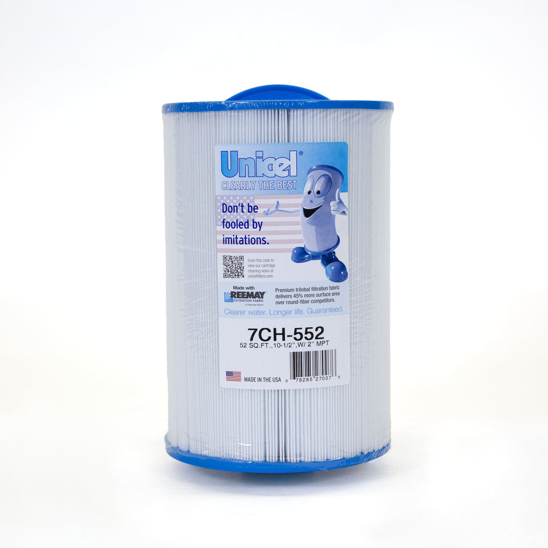 cylindrical pool or spa filter cartridge with blue end caps and white pleated filtration material featuring a branded label