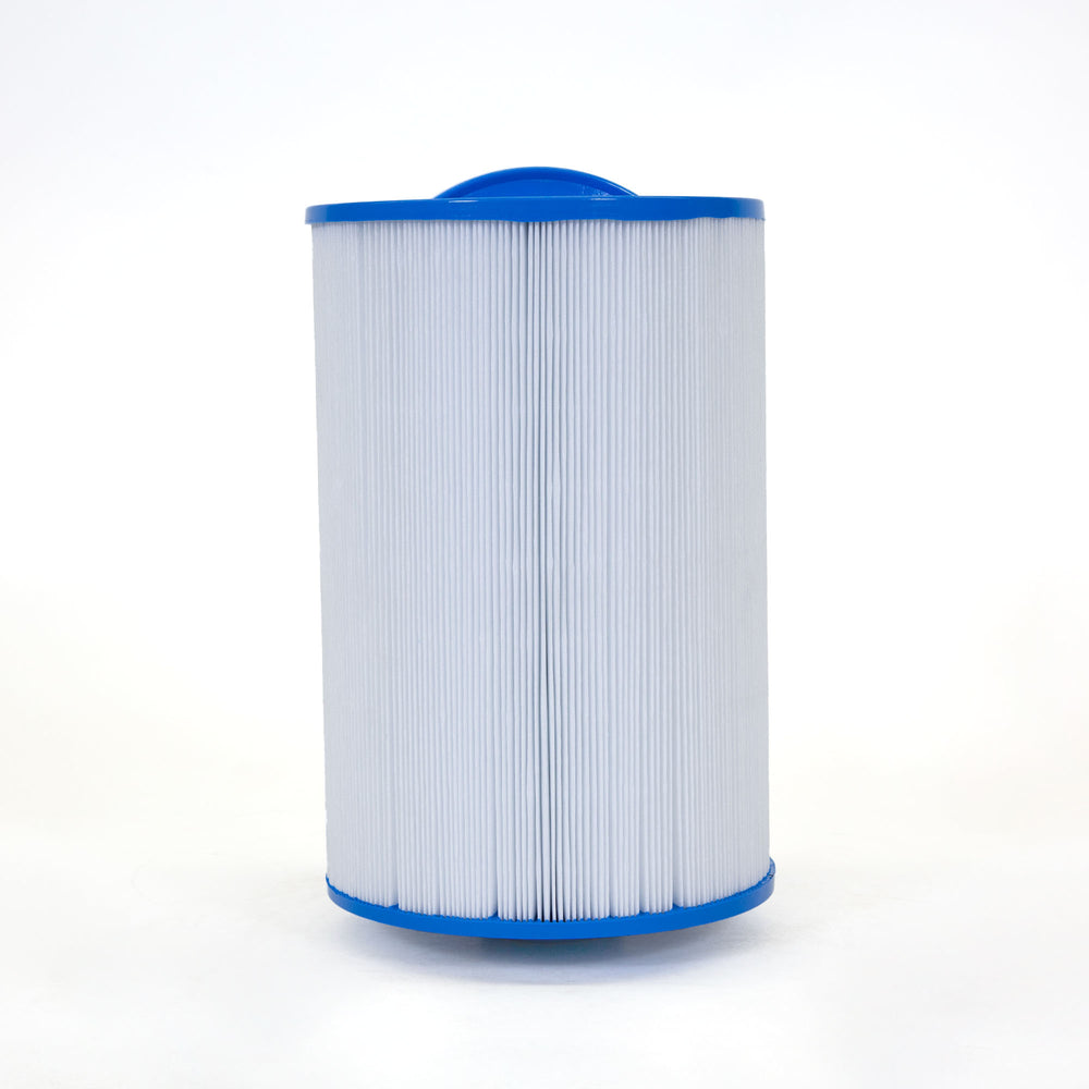 Cylindrical pool or spa filter cartridge with white pleated filtering material and blue plastic end caps on both ends