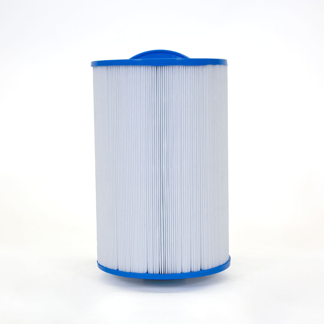 Cylindrical pool or spa filter cartridge with white pleated filtering material and blue plastic end caps on both ends