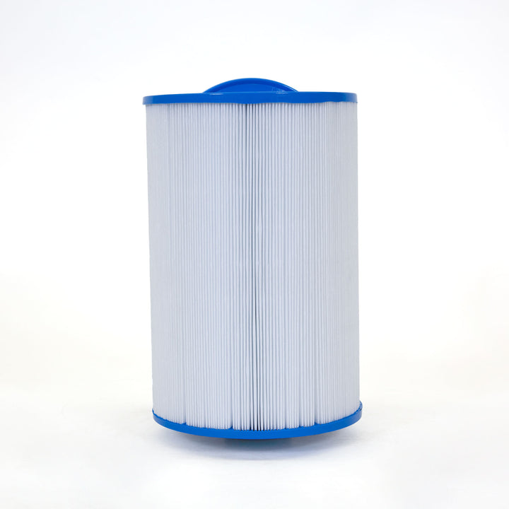 Cylindrical pool or spa filter cartridge with white pleated filtering material and blue plastic end caps on both ends