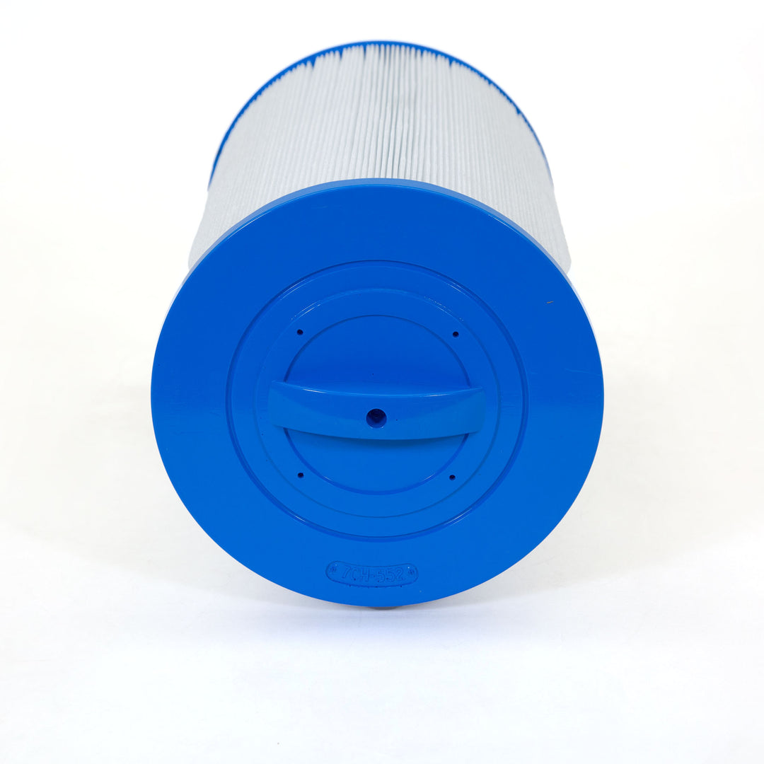 cylindrical replacement filter cartridge with a bright blue plastic end cap and white pleated filter material
