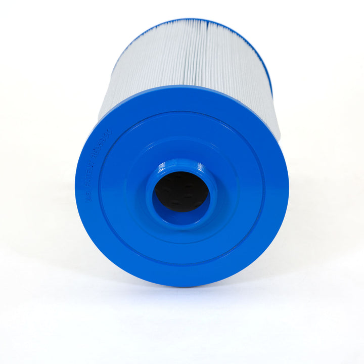 cylindrical filter cartridge with white pleated paper and blue plastic end caps, one end showing a central hole and concentric ring design