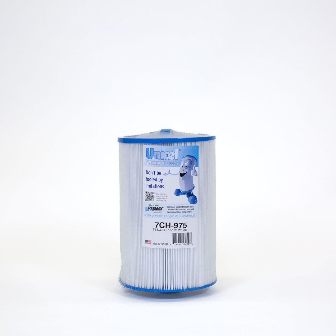 cylindrical pool filter cartridge with white pleated material and blue plastic caps on each end showing a label with a cartoon filter character
