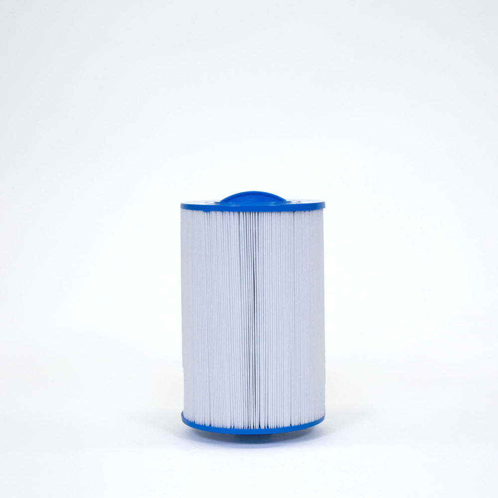 cylindrical pool filter cartridge with white pleated surface and blue plastic top and bottom edges