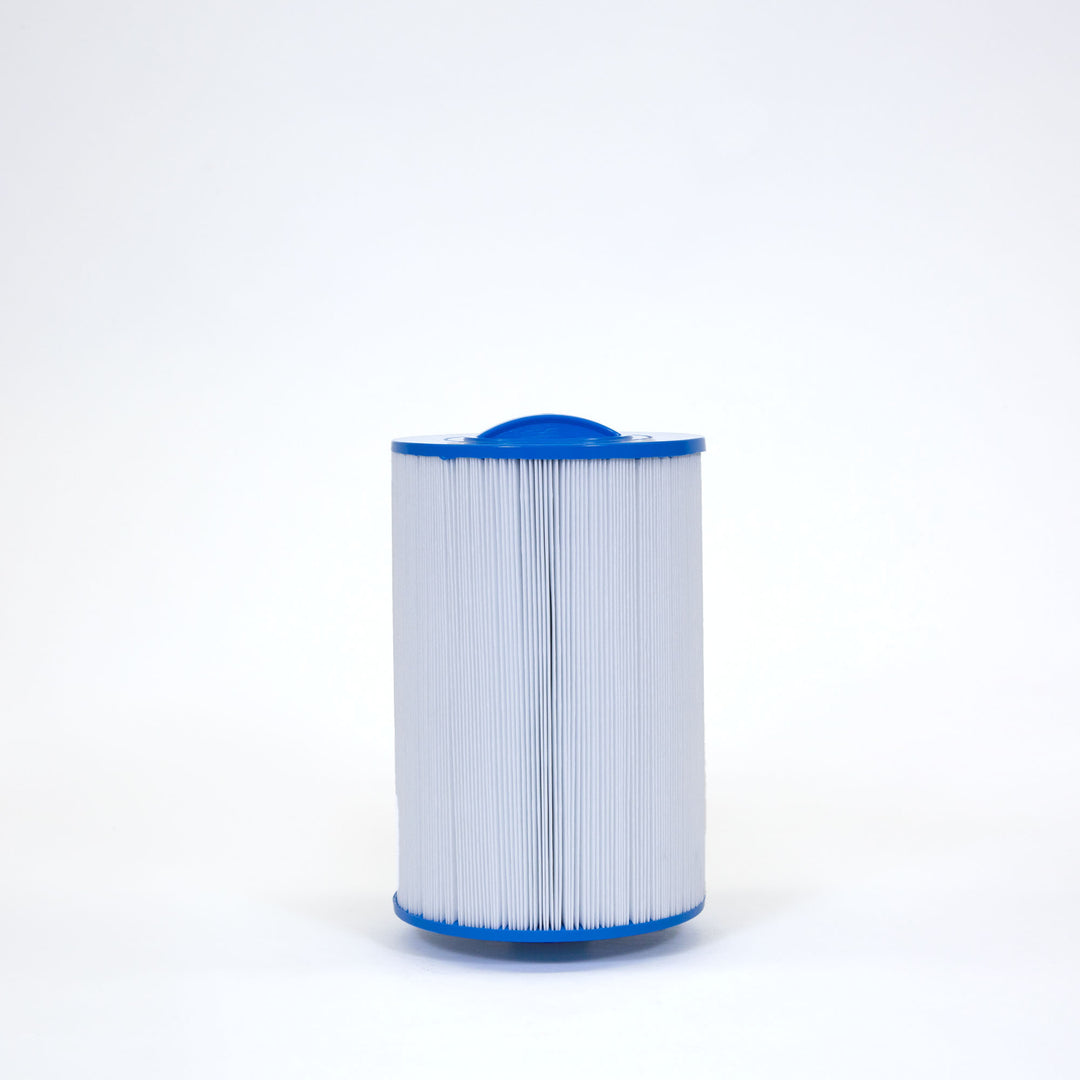 cylindrical pool filter cartridge with white pleated surface and blue plastic top and bottom edges