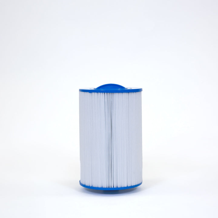 cylindrical pool filter cartridge with white pleated surface and blue plastic top and bottom edges