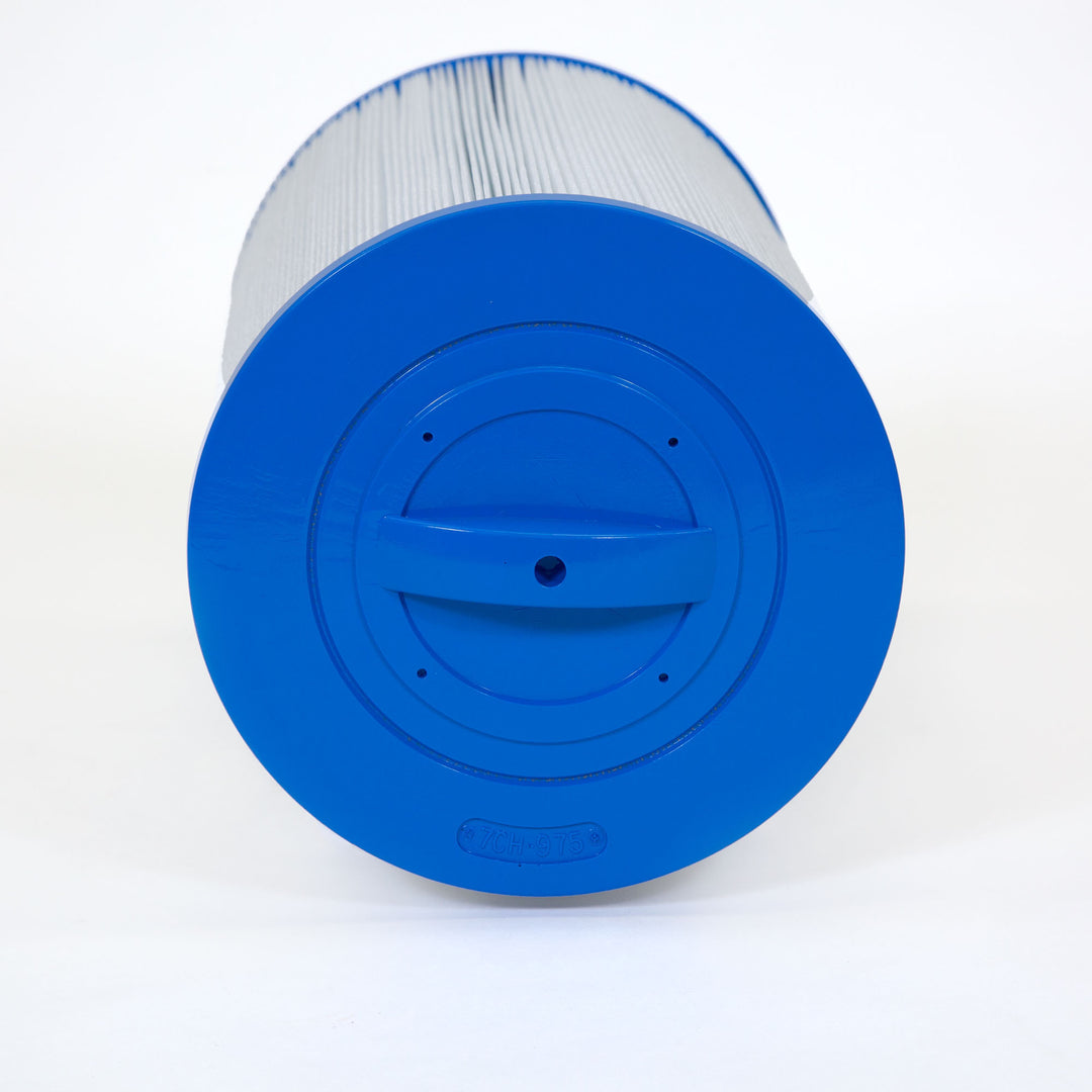 Cylindrical pool filter cartridge with pleated white material and bright blue plastic end caps on a white background