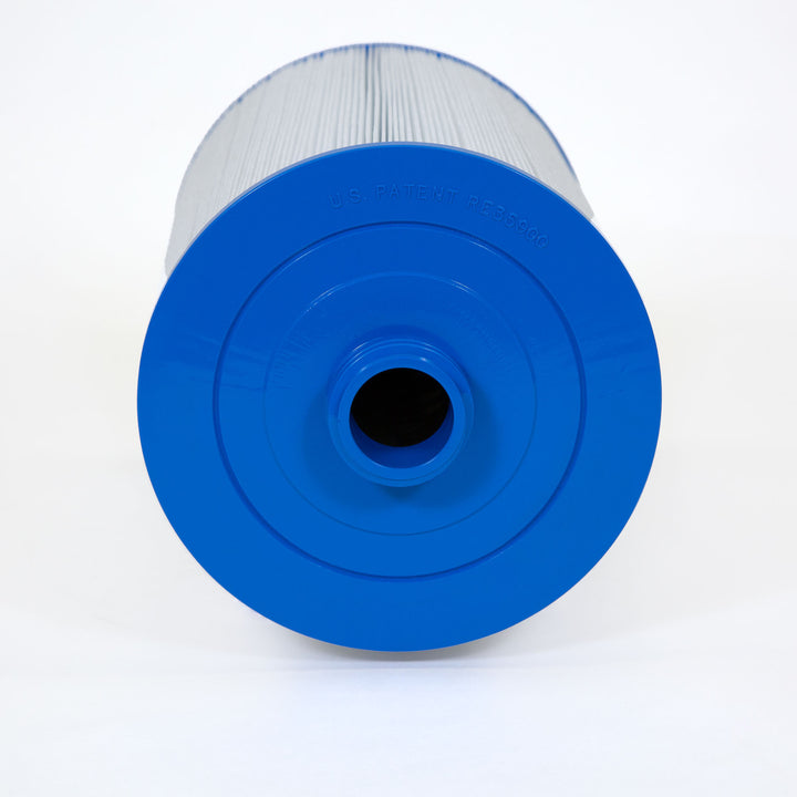 Cylindrical pool or spa filter cartridge with blue plastic end caps and white pleated filter material