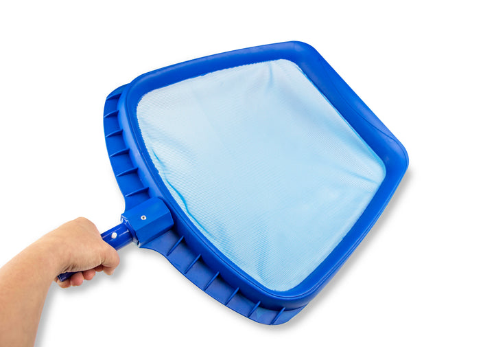 Blue swimline heavy duty leaf rake pool net with fine mesh and sturdy plastic frame held by a hand