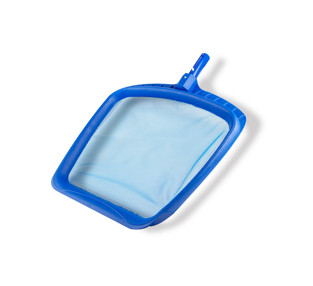 blue heavy duty pool leaf rake with fine mesh net attached to a sturdy plastic frame on white background