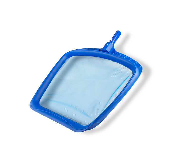 blue heavy duty pool leaf rake with fine mesh net attached to a sturdy plastic frame on white background