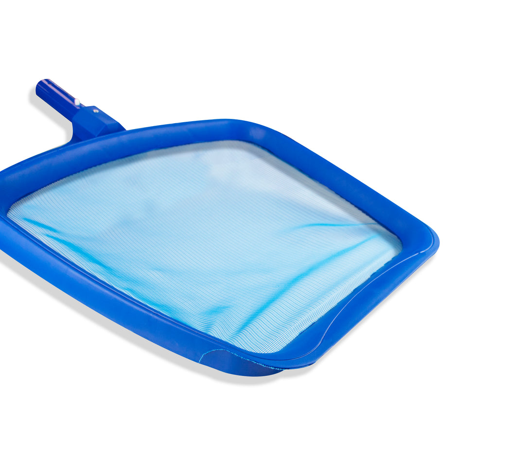 rectangular blue pool net frame with fine mesh material and attachment connector on white background