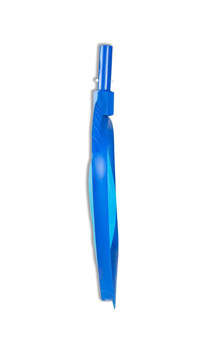 blue heavy duty leaf rake pool net with a solid plastic frame and fine mesh net attachment