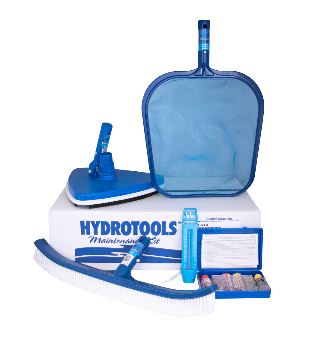 blue swimming pool maintenance kit featuring a leaf skimmer, brush, vacuum head, chemical test kit, and a thermometer on a white box