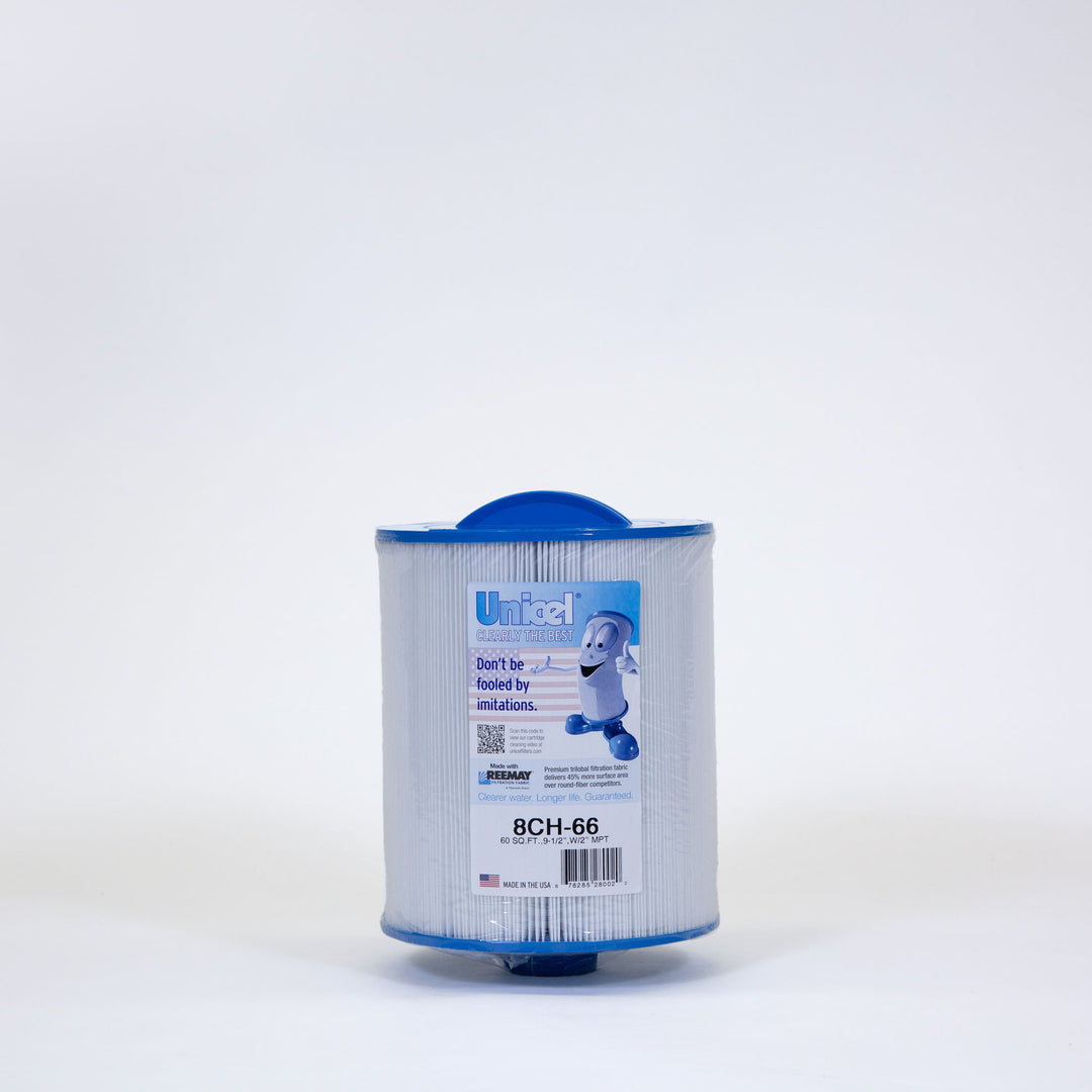 cylindrical white pleated filter cartridge with blue plastic ends and a label featuring a cartoon character and barcode