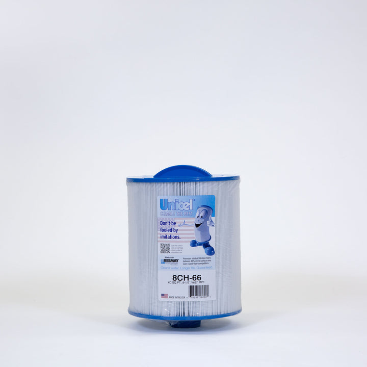 cylindrical white pleated filter cartridge with blue plastic ends and a label featuring a cartoon character and barcode