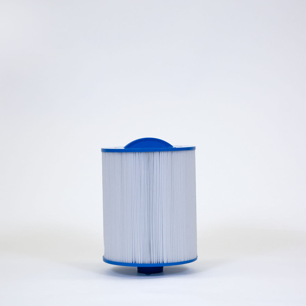 cylindrical pleated white filter cartridge with blue plastic top and bottom against a plain white background