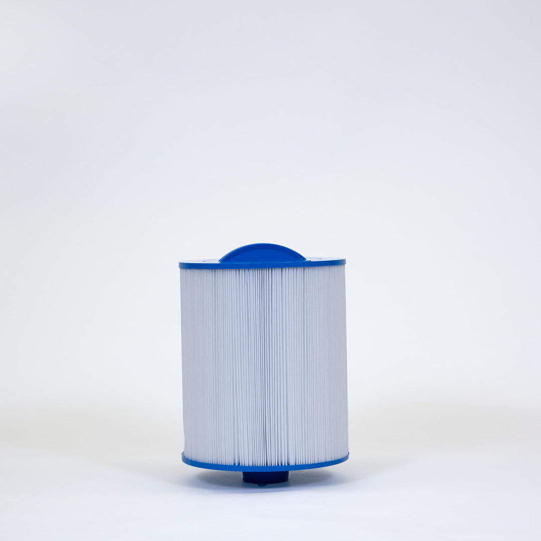 cylindrical pleated white filter cartridge with blue plastic top and bottom against a plain white background