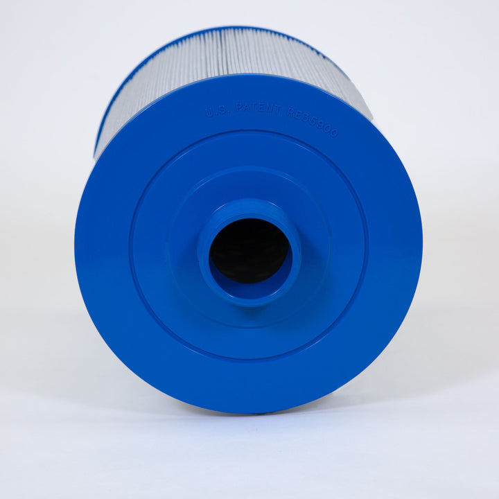 Cylindrical replacement filter cartridge with white pleated material and solid blue plastic end caps shown from top view