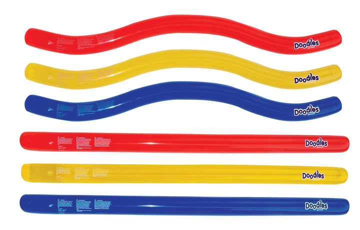 six inflatable Swimline Doodles pool noodles in red, yellow, and blue colors with two straight and one wavy noodle of each color showing glossy surfaces and product branding