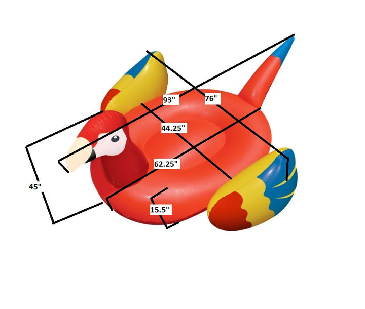 large inflatable pool float shaped like a parrot with red body, white and black beak, and colorful yellow, blue, and red wings
