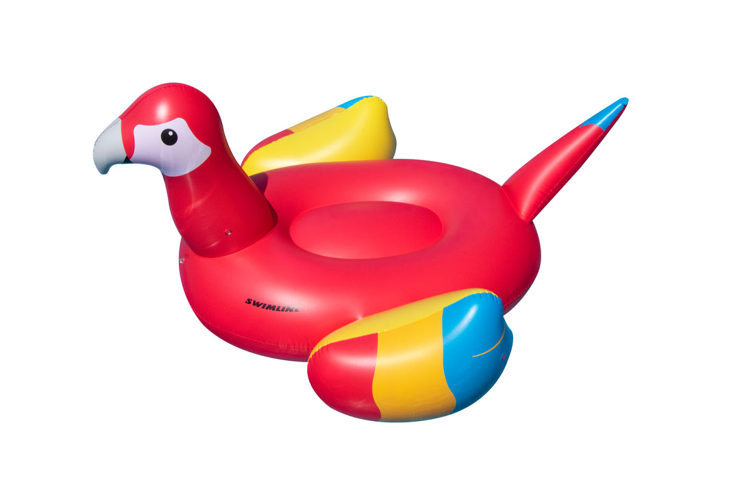 Large inflatable pool float shaped like a parrot with a red body, yellow and blue wings, and a gray beak