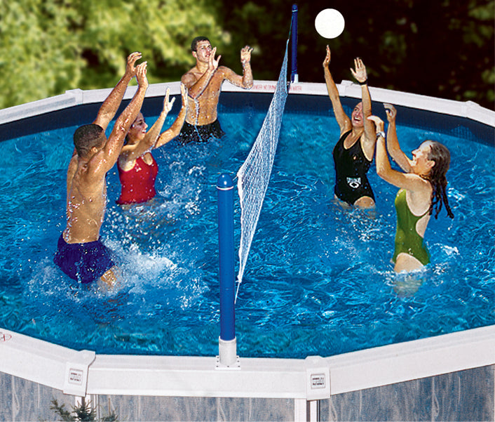 swimline jammin' above-ground pool volleyball game set up inside octagonal above-ground pool with five people playing and white volleyball net