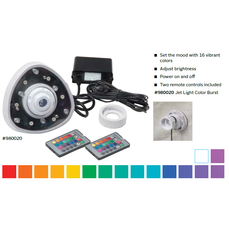 Ocean Blue Jet Light Color Burst product with triangular white and black light fixture, black power adapter, white mounting ring, and two colorful remote controls