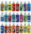 row of 25 inSPAration 9oz oil-free aromatherapy liquid bottles in various colors including green, yellow, red, blue, and purple with round white caps and tropical fruit and flower label images