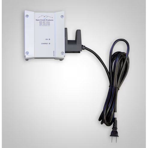 Aqua Creek Linak Pool Lift replacement battery charger in white with black power cord and plug visible on a white background