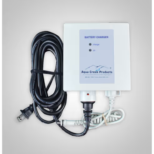 Aqua Creek battery charger with attached black power cord and white connecting cables showing charge and on indicator lights