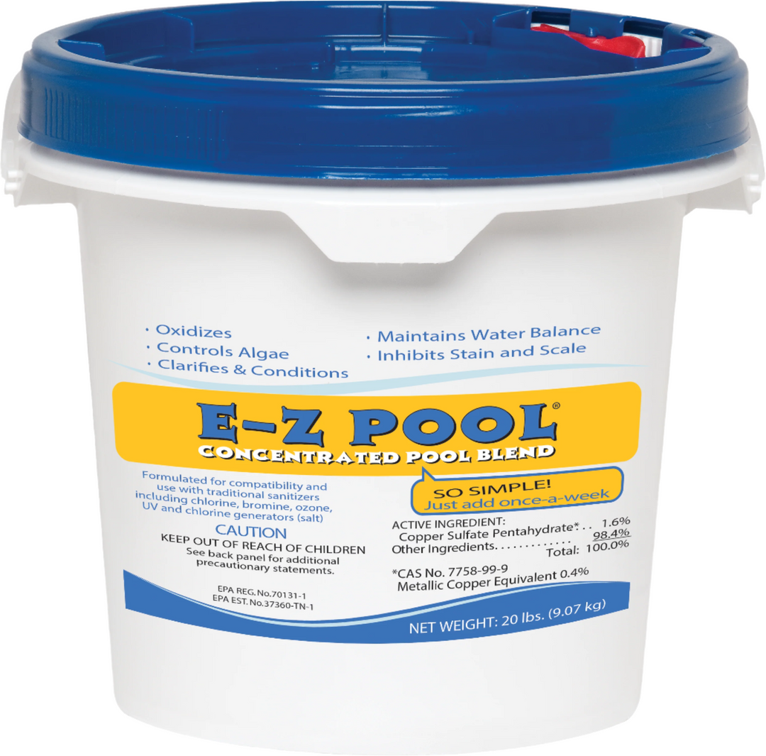 white plastic bucket with blue lid labeled E-Z Pool Concentrated Pool Blend showing product usage and ingredients text
