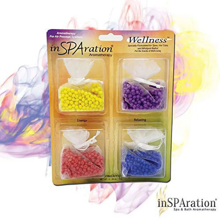 Insparation Inc AirRomatherapy Air Bead Singles pack showing four small mesh sachets containing yellow, purple, red, and blue beads on a yellow-orange card