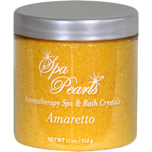 Spa Pearls Aromatherapy Crystals Amaretto scent in a clear plastic jar with silver lid showing yellow bath crystals inside