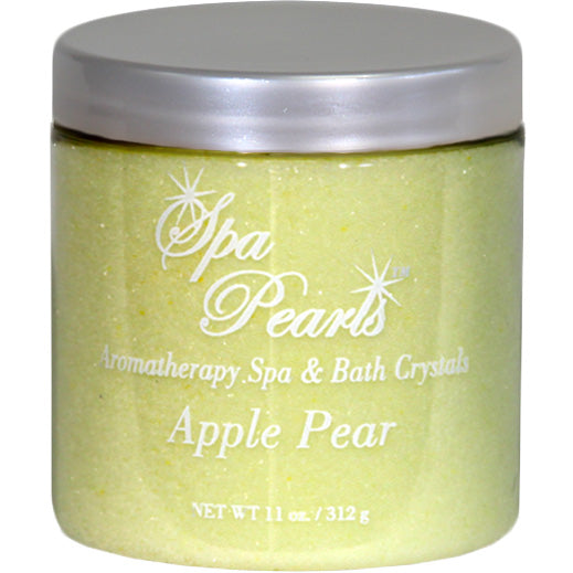 Spa Pearls Aromatherapy Crystals Apple Pear 11oz jar with pale green crystals and silver lid by Insparation Inc