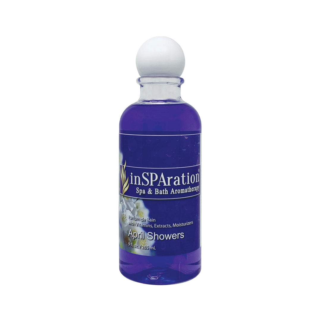 inSPAration 9oz oil-free aromatherapy liquid in a clear glass bottle with purple liquid and white rounded cap