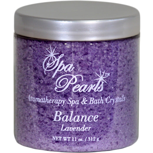 jar of Insparation Inc Spa Pearls Aromatherapy Crystals in lavender color with silver lid and white text label