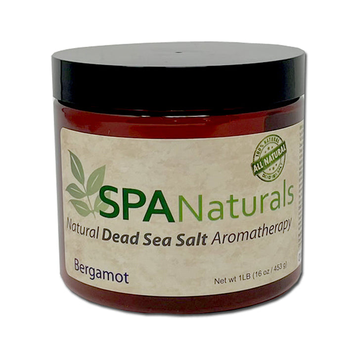 Spa Naturals Dead Sea Salt Crystal by Insparation Inc in a brown plastic jar with black lid and beige label showing green leaf graphic and bergamot scent