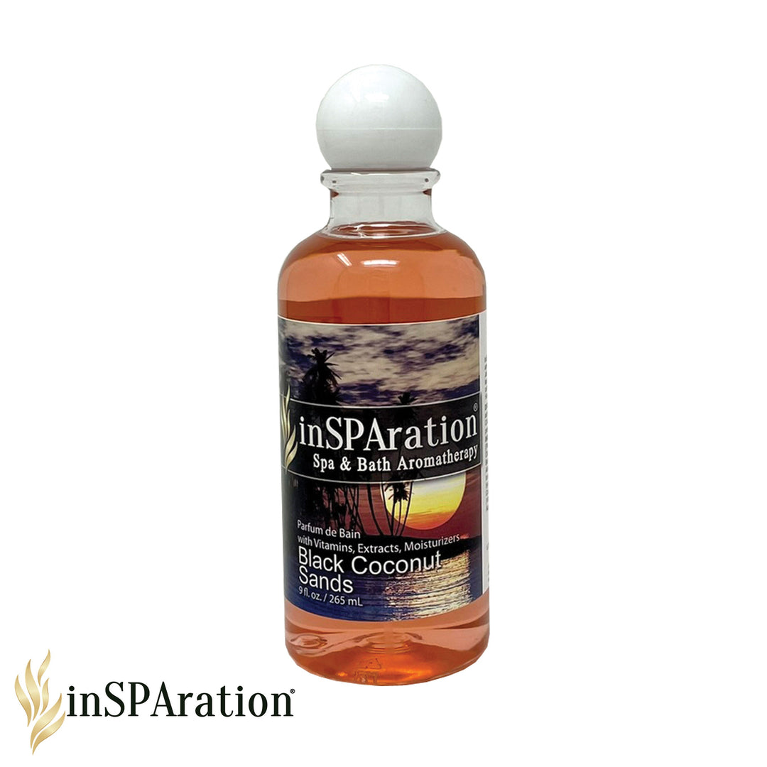 inSPAration 9oz oil-free aromatherapy liquid bottle with orange liquid and tropical sunset label featuring palm trees and a round white cap