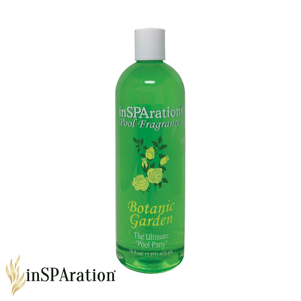 Insparation Inc Pool Aromatherapy Fragrance 16oz green transparent bottle with white cap and yellow floral graphics