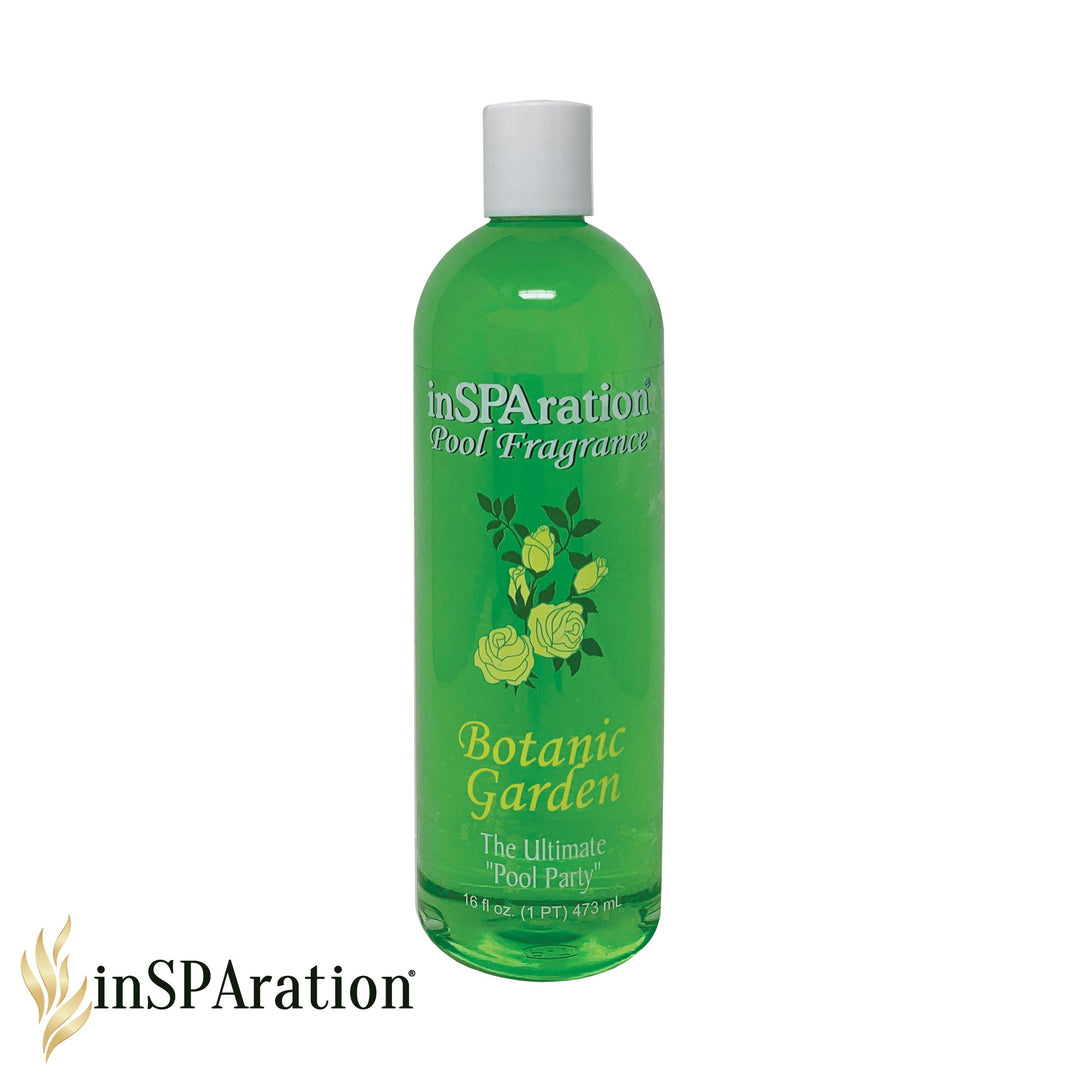 Insparation Inc Pool Aromatherapy Fragrance 16oz green transparent bottle with white cap and yellow floral graphics
