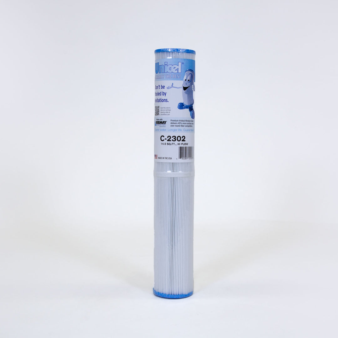 Tall, cylindrical pool filter cartridge with blue caps on both ends and a white pleated body on a plain background