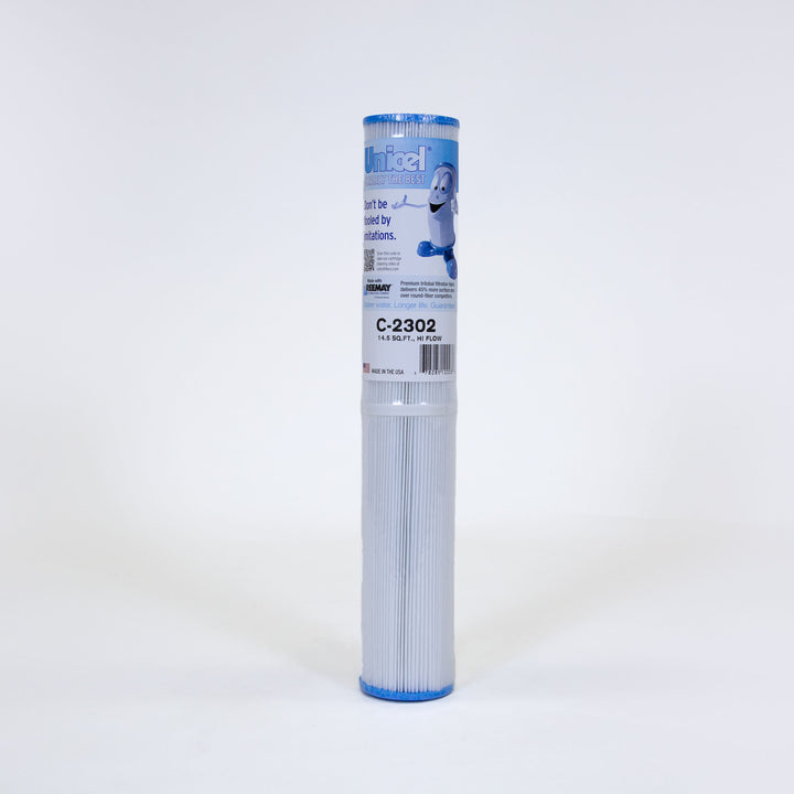 Tall, cylindrical pool filter cartridge with blue caps on both ends and a white pleated body on a plain background