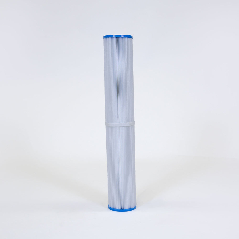 Tall cylindrical pool filter cartridge with white pleated material and blue end caps standing upright on a plain white surface